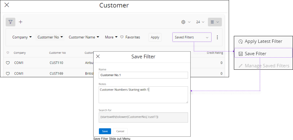 Save Filter Slide out Menu
