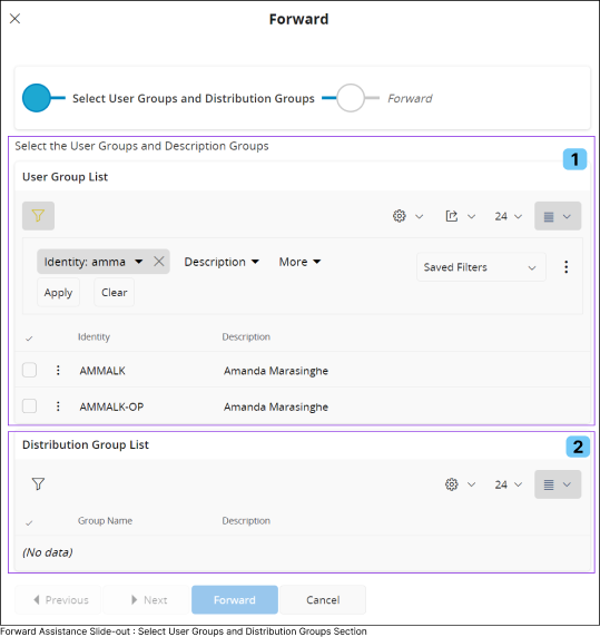 Forward Assistance Slide-out : Select User Groups and Distribution Groups Section