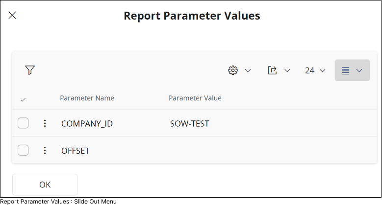 Report Parameter Values : Slide Out Menu 