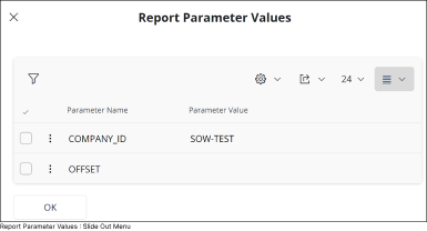 Report Parameter Values Slide Out Menu