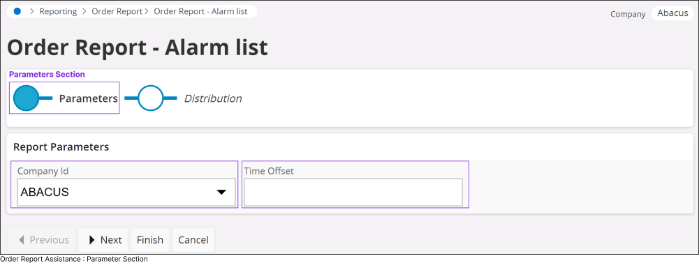 Order Report Assistance: Parameters Section
