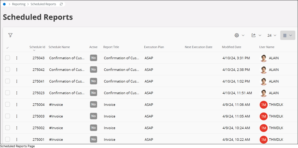 Scheduled Reports Page