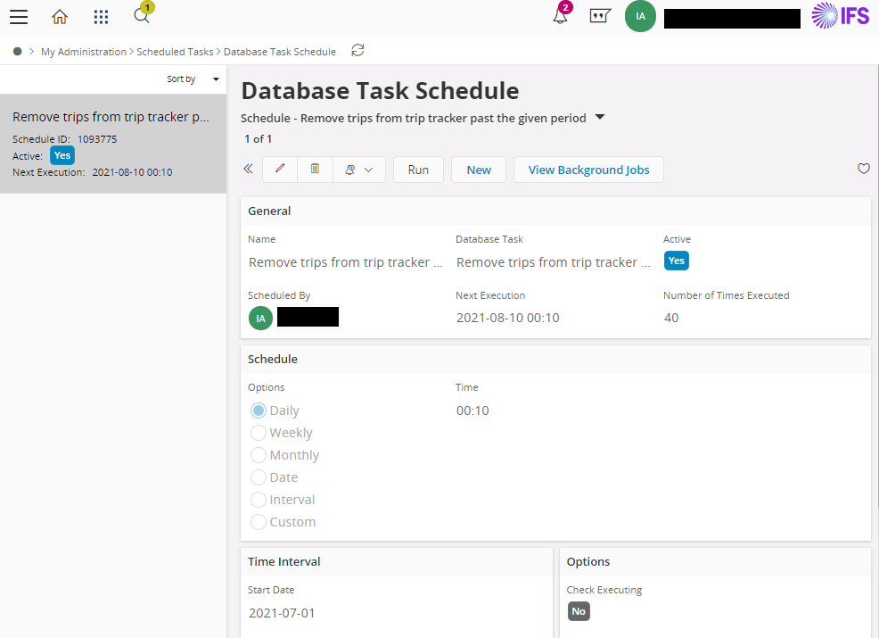 Database task schedule