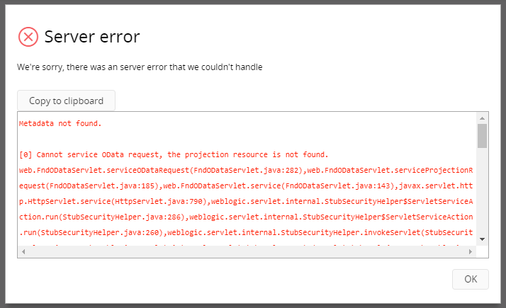 Server error dialog in Aurena with report open.