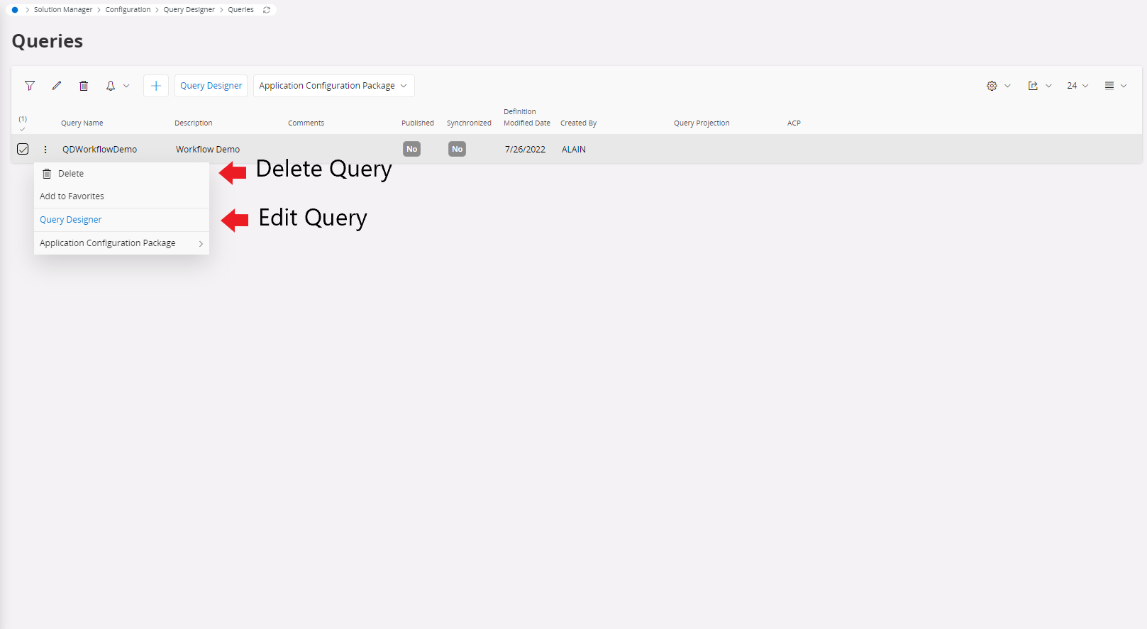 Edit/Delete Query in Query Overview Page