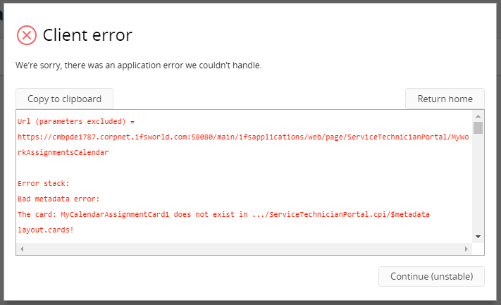 Client error dialog in IFS Cloud Web with report open.