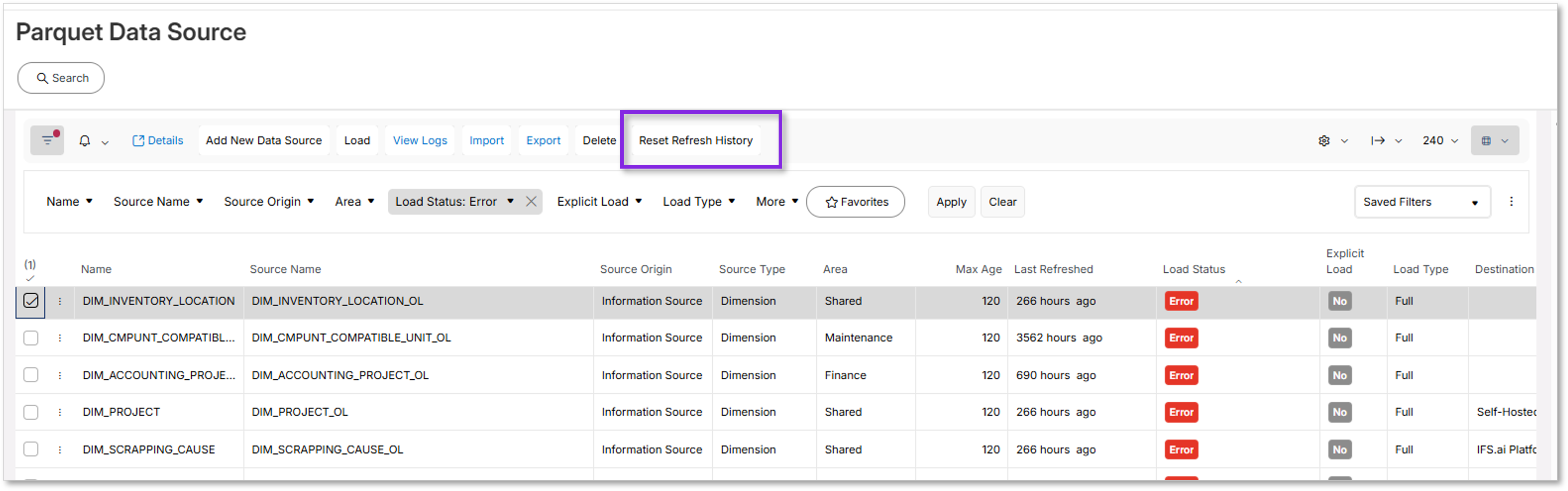Parquet Data Source Load History - Technical Documentation For IFS Cloud