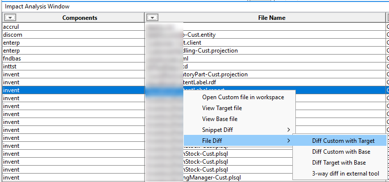 Impact analyzer tool file diff