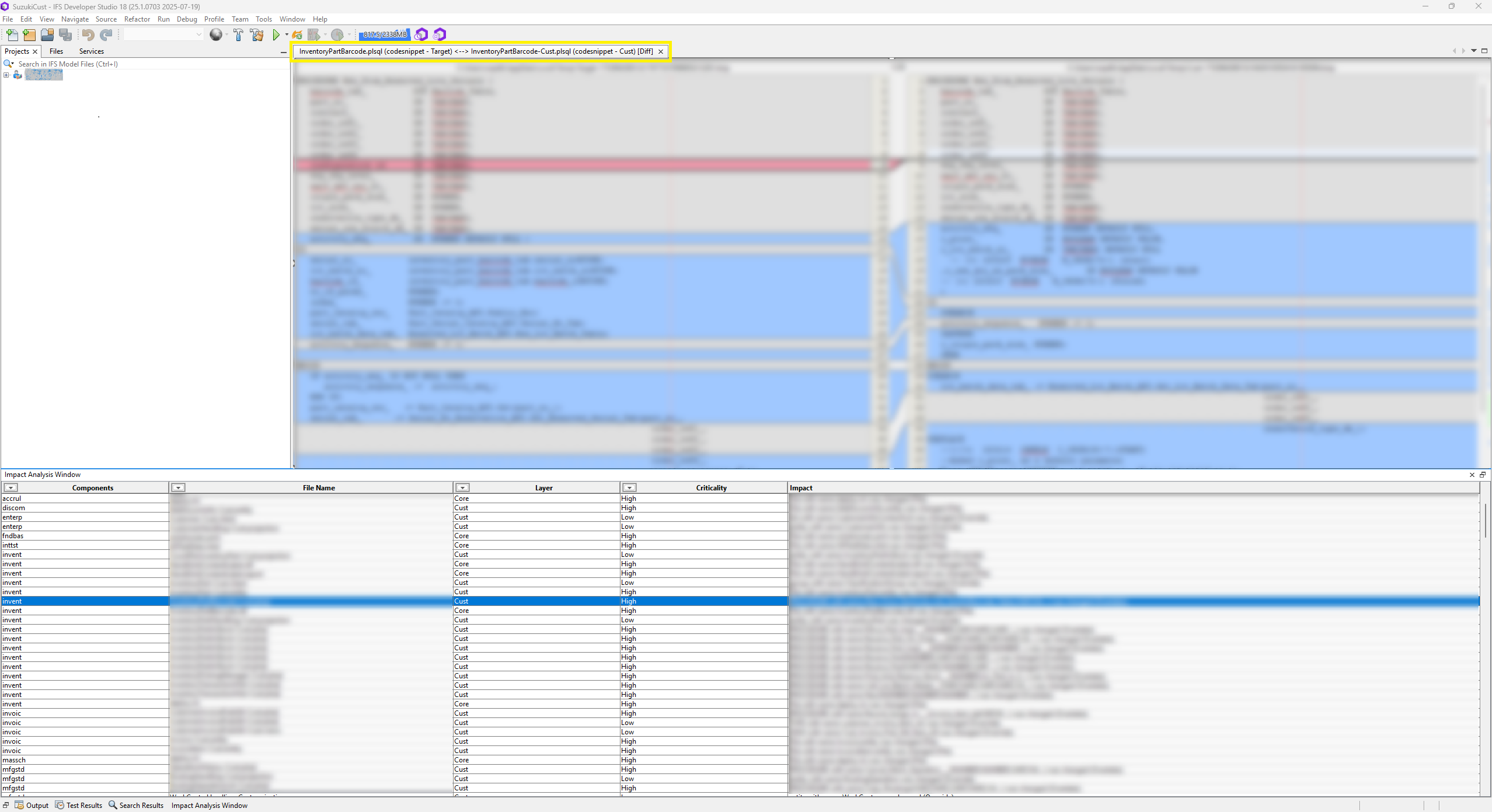 Impact analyzer tool snippet diff