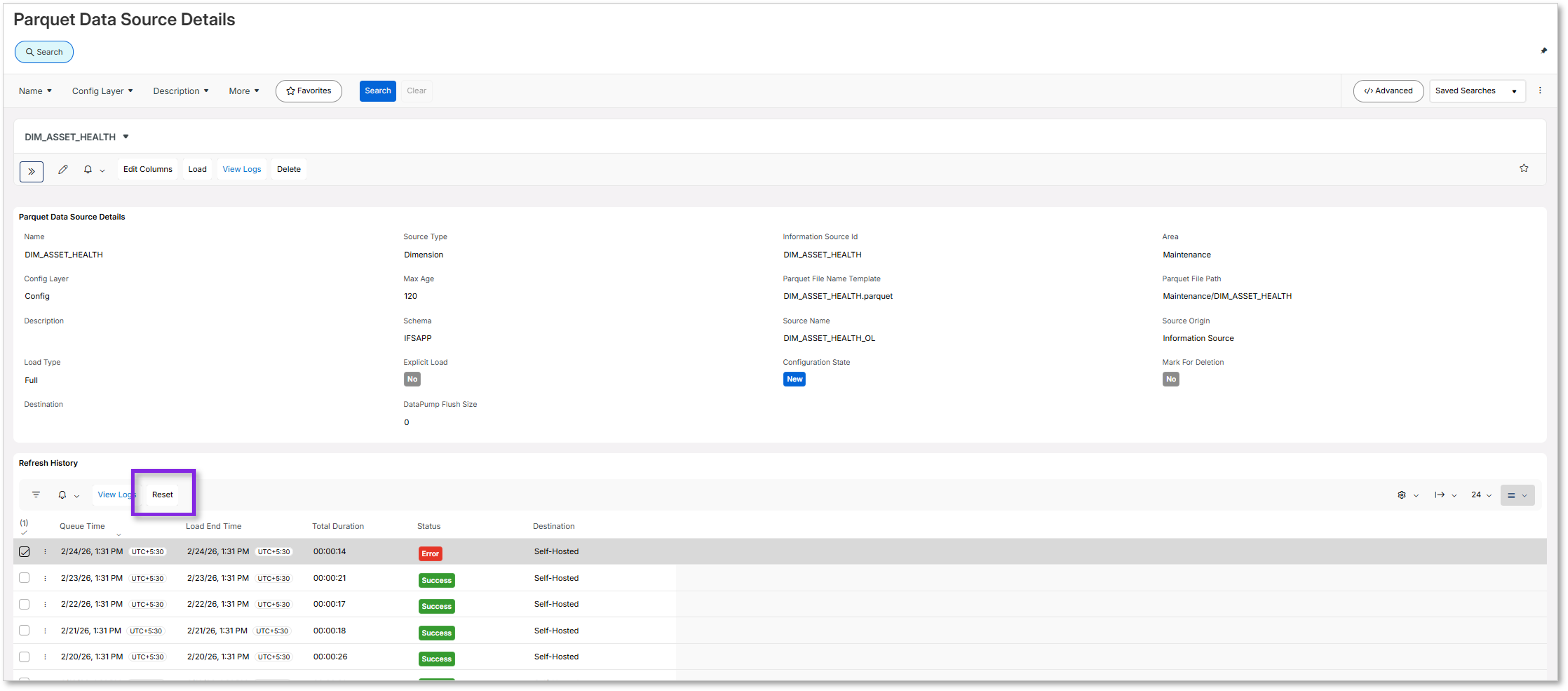 Parquet Data Source Load History - Technical Documentation For IFS Cloud
