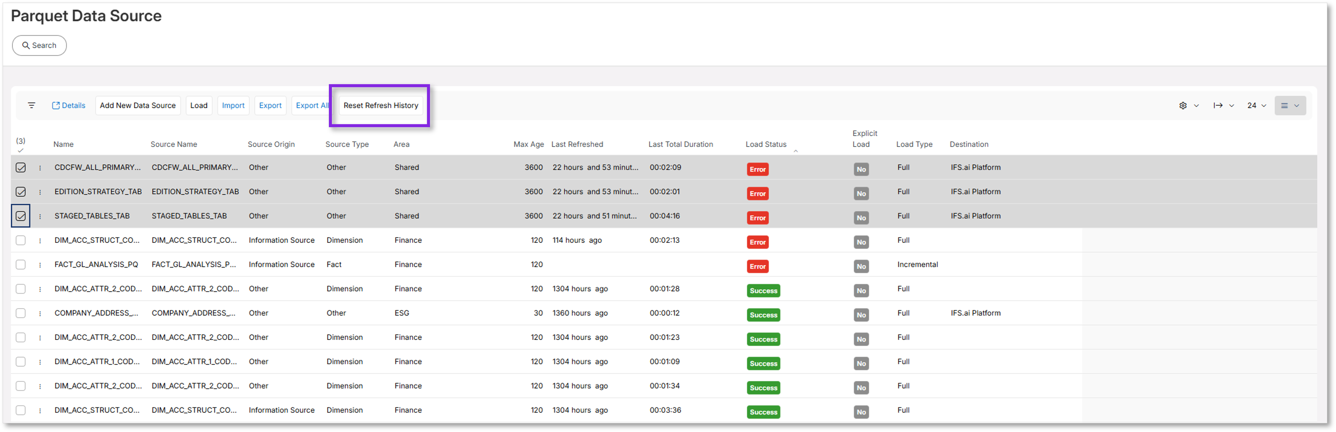 Parquet Data Source Load History - Technical Documentation For IFS Cloud