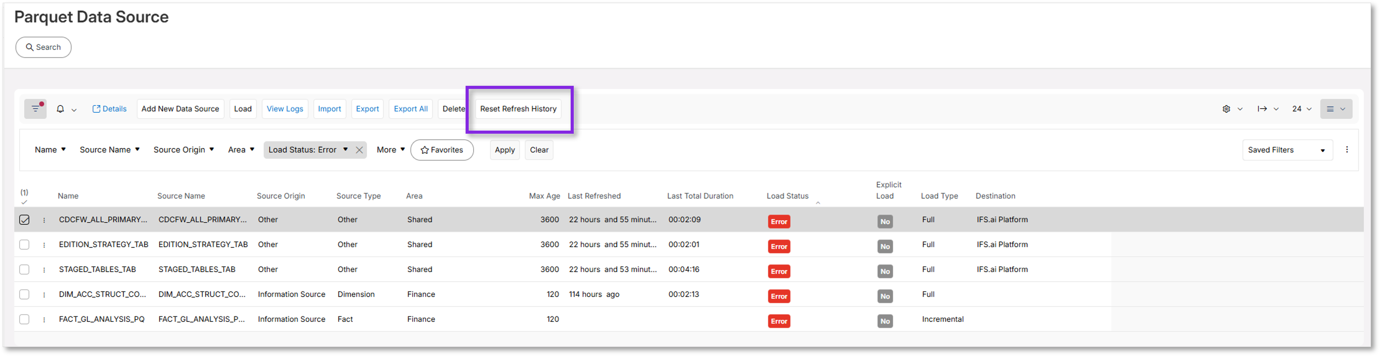 Parquet Data Source Load History - Technical Documentation For IFS Cloud