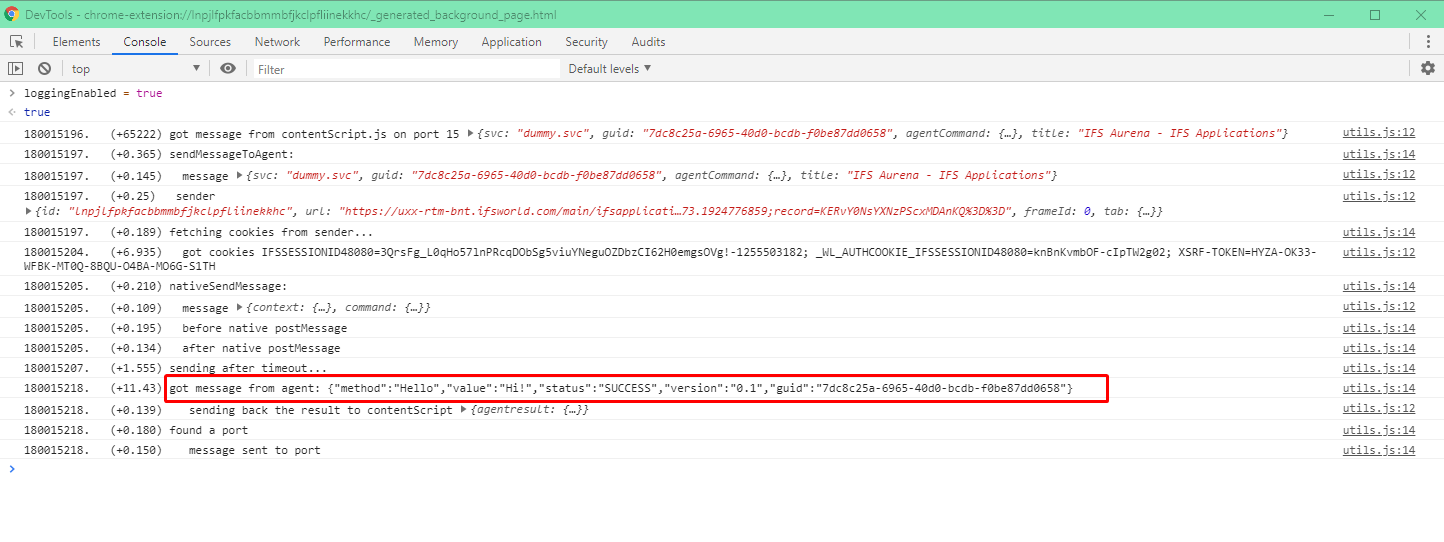 aurena_extension_background_page_log_with_example_message.png