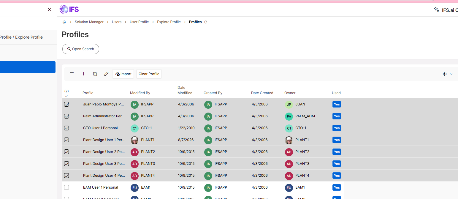Profiles page listing user profile records