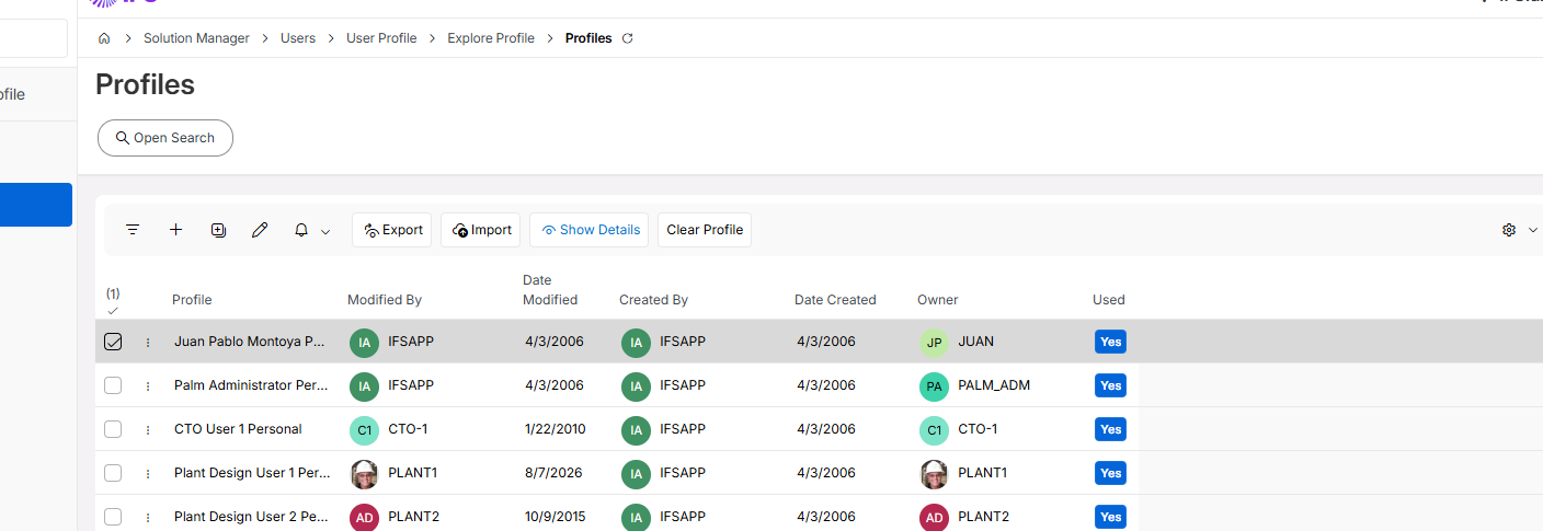 Profiles page with a single profile selected and the Export command available