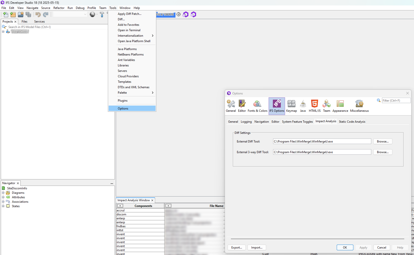 Impact analyzer tool config options